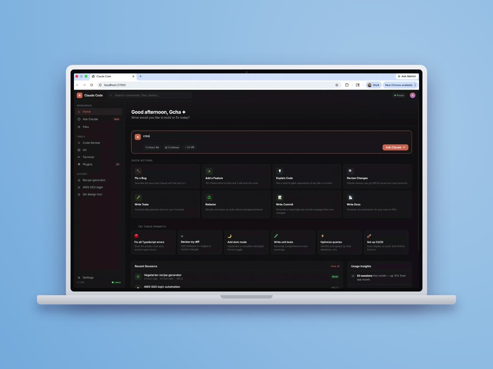 Home dashboard of a custom, more intuitive UI for Claude Code