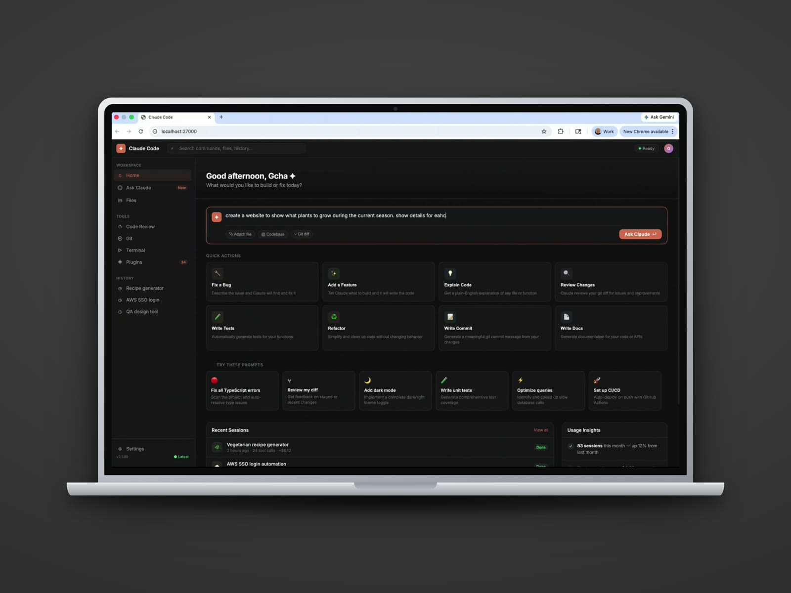 Home dashboard of a custom, more intuitive UI for Claude Code