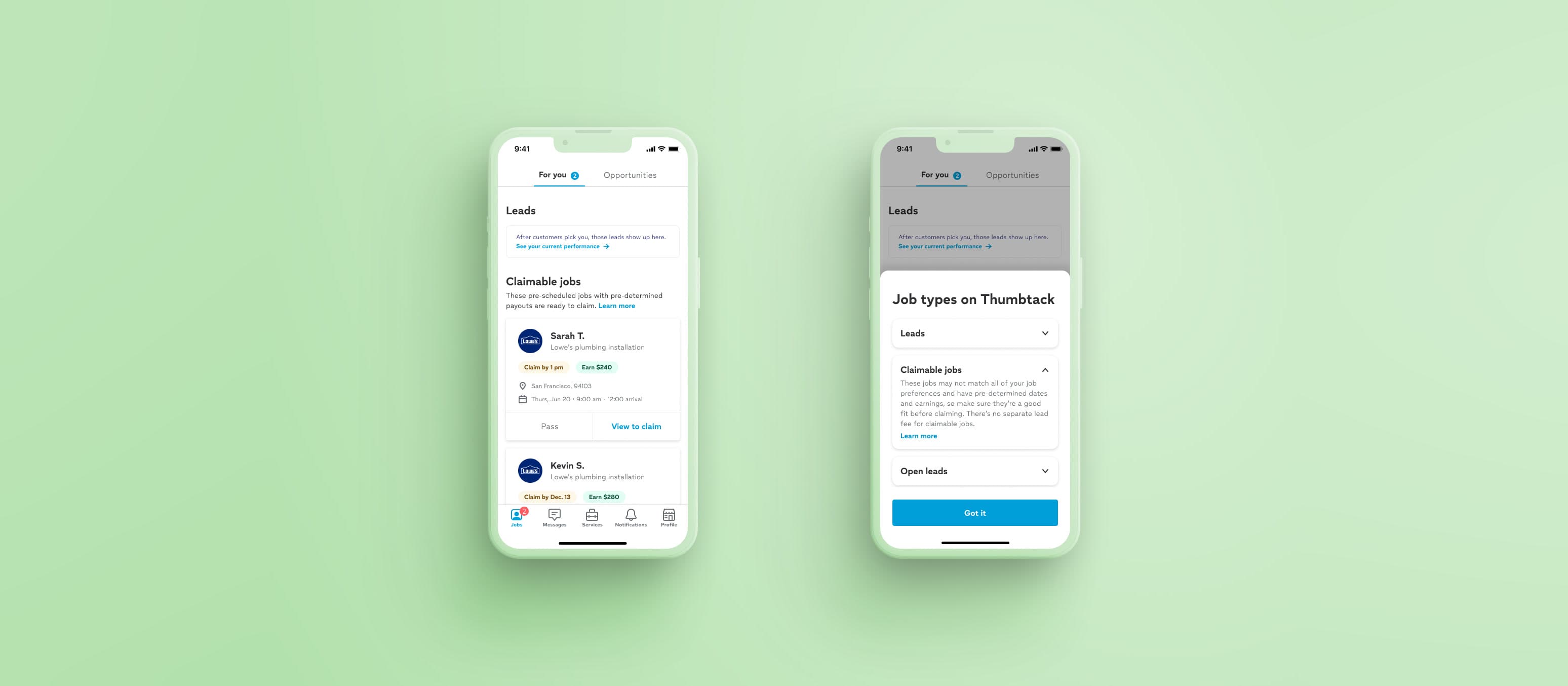 Pro IA — For You tab with Claimable jobs on Thumbtack